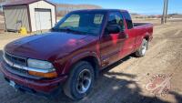 2003 Chevrolet S10, 174,617kms showing, F32 VIN#1GCCS19X538236940 Owner: Fairstone Seller: Fraser Auction Services Ltd. ___________________________ ***Keys, Fairstone Letter in office trailer***